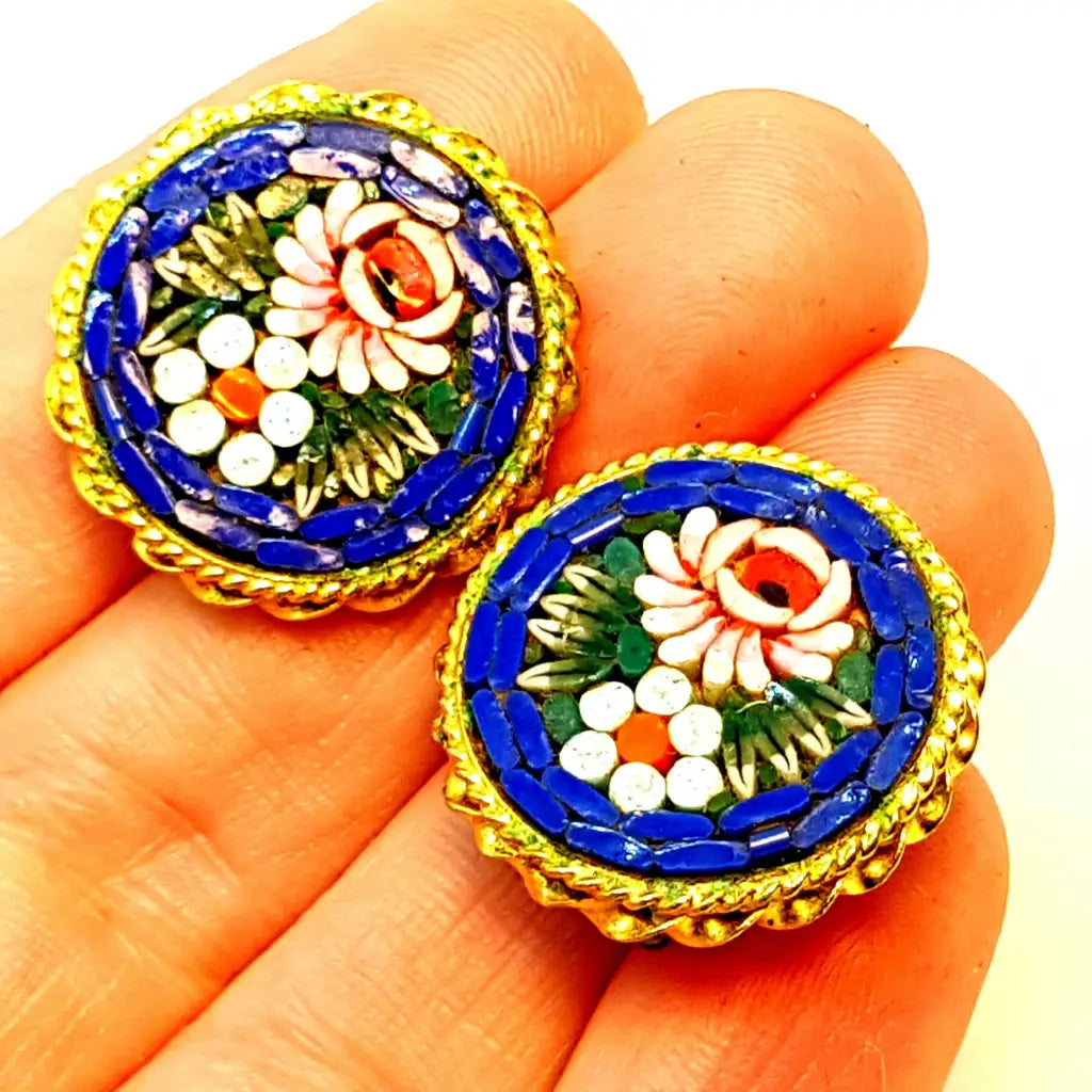 Pendientes micromosaico flor vintage micromosaico. Circa 1970. Joyería antigua