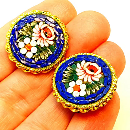 Pendientes micromosaico flor vintage micromosaico. Circa 1970. Joyería antigua