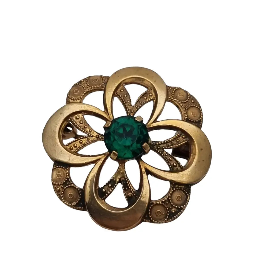 Broche redondo vintage dorado con piedra verde para mujer botón dorado.