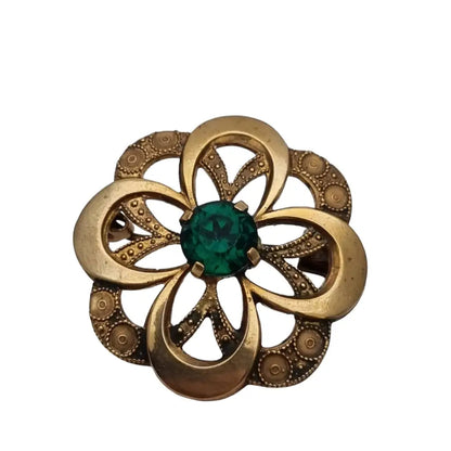 Broche redondo vintage dorado con piedra verde para mujer botón dorado.