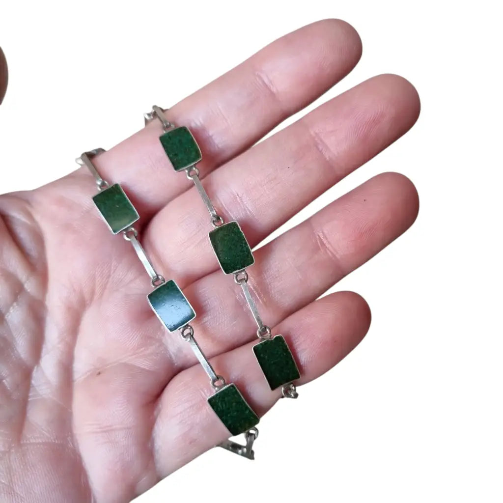 Gargantilla boho años 70 en plata 925 con eslabones verdes artesanales joyeria