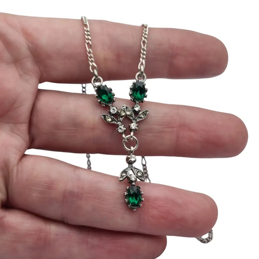Gargantilla de plata 925 vintage años 60-70 con pedrería verde y blanca estilo