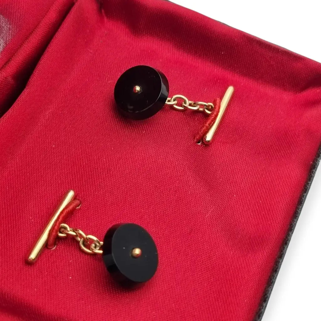 Gemelos antiguos en oro 18k y ónix negro • Joyería masculina vintage