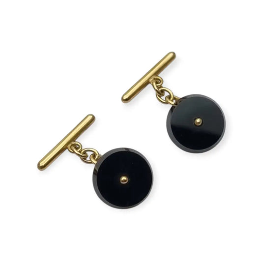 Gemelos antiguos en oro 18k y ónix negro • Joyería masculina vintage