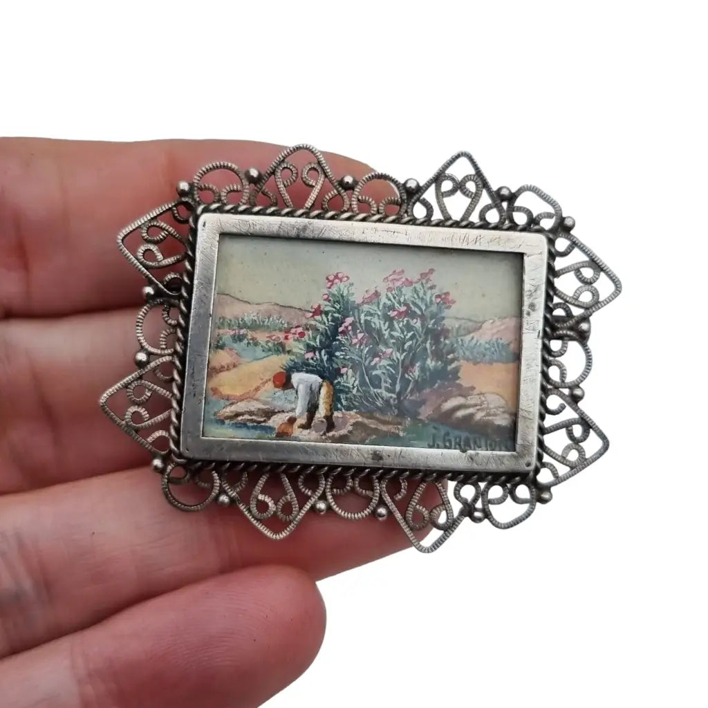 Broche francés en plata con miniatura de pintura firmada por J. Granion