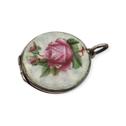 Guardapelo de plata 800 con esmalte guilloché floral rosa y azul joyería