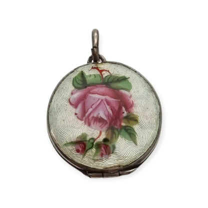 Guardapelo de plata 800 con esmalte guilloché floral rosa y azul joyería