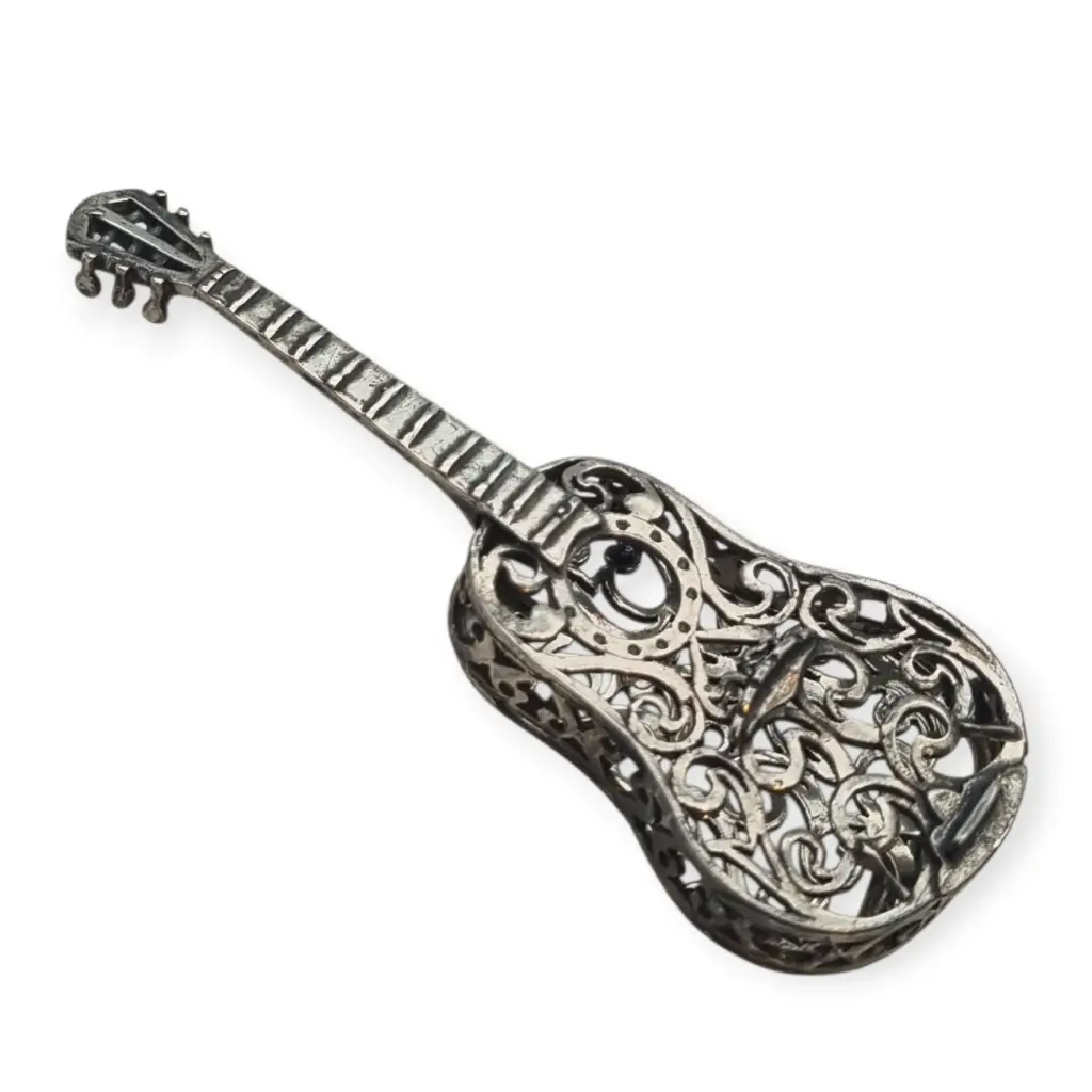 Guitarra española en miniatura vintage plata labrada pieza de colección