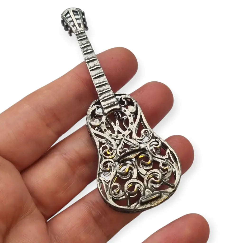 Guitarra española en miniatura vintage plata labrada pieza de colección