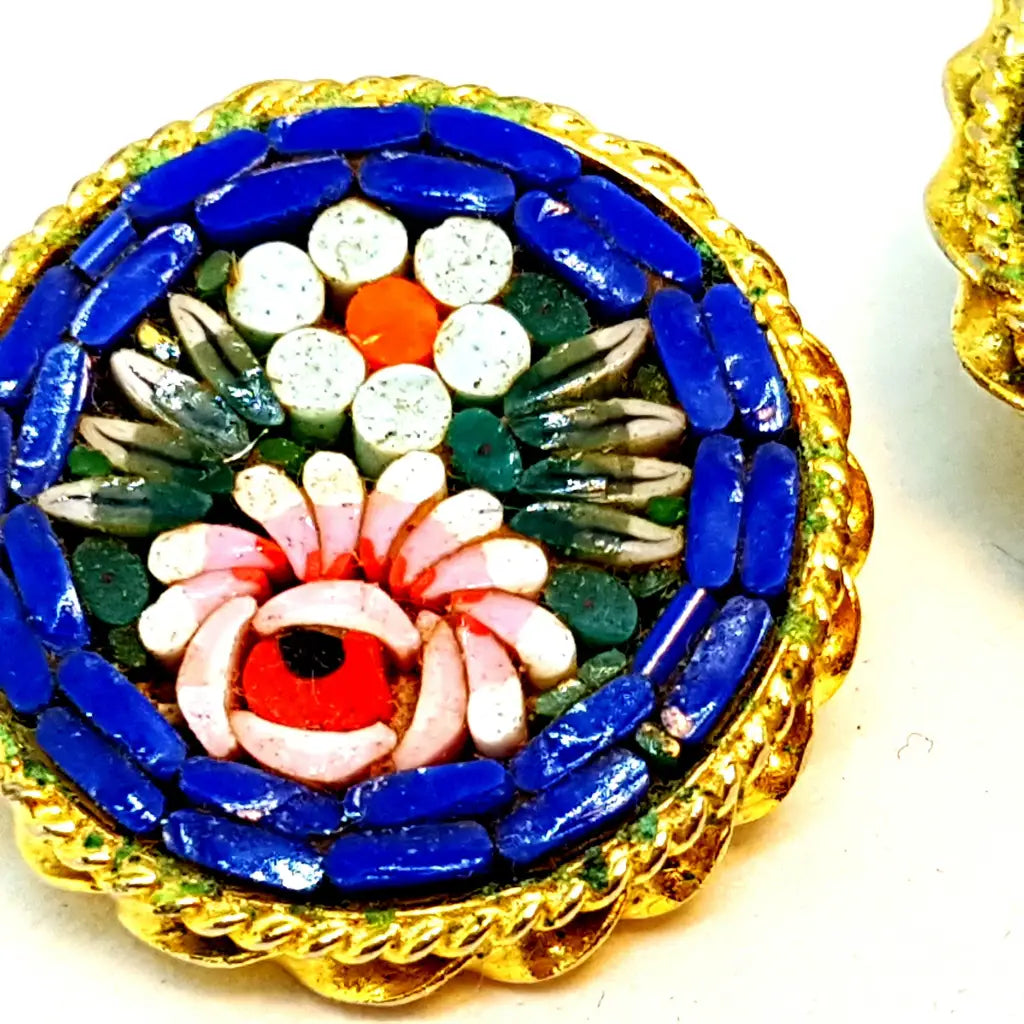 Pendientes micromosaico flor vintage micromosaico. Circa 1970. Joyería antigua