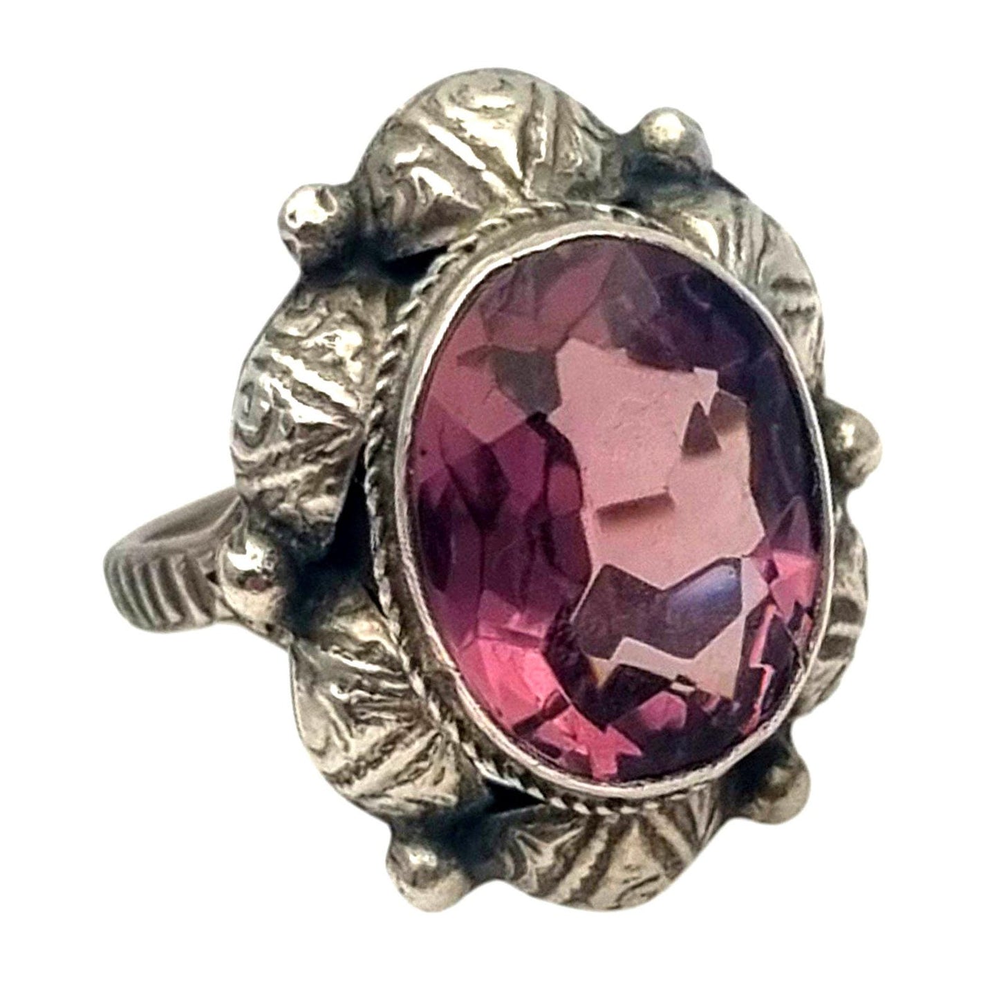 Antique Art Deco silver ring with faceted oval lilac stone, 1940s-50s