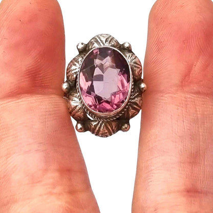 Antique Art Deco silver ring with faceted oval lilac stone, 1940s-50s
