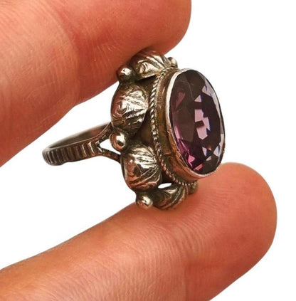 Antique Art Deco silver ring with faceted oval lilac stone, 1940s-50s