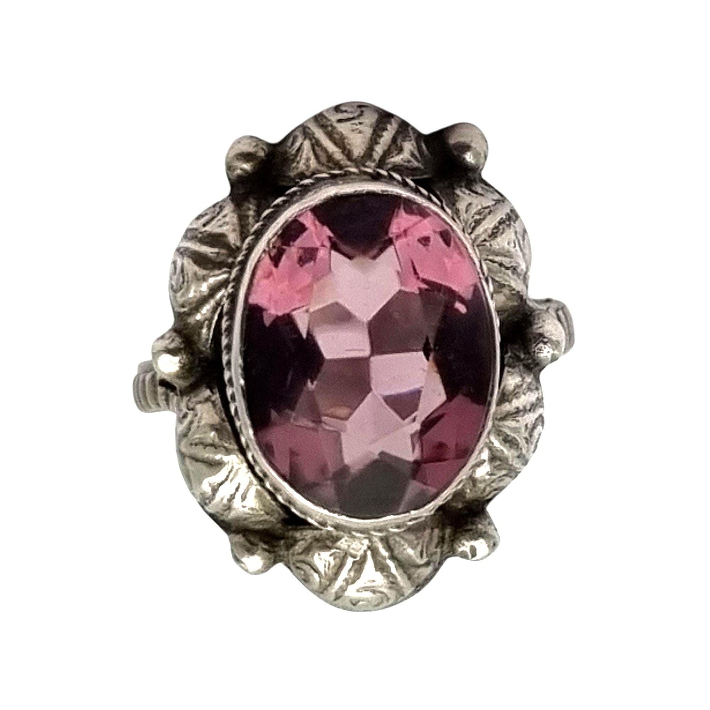 Antique Art Deco silver ring with faceted oval lilac stone, 1940s-50s