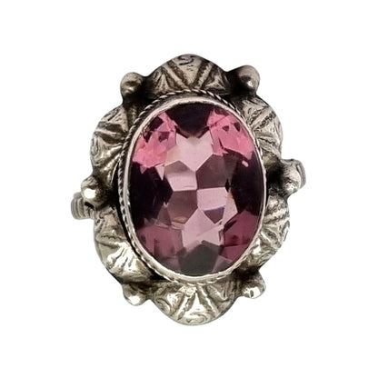 Antique Art Deco silver ring with faceted oval lilac stone, 1940s-50s