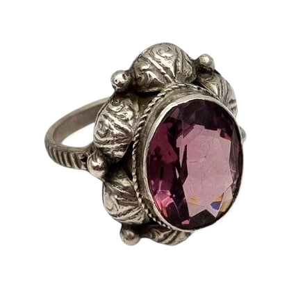 Antique Art Deco silver ring with faceted oval lilac stone, 1940s-50s