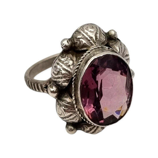 Antique Art Deco silver ring with faceted oval lilac stone, 1940s-50s