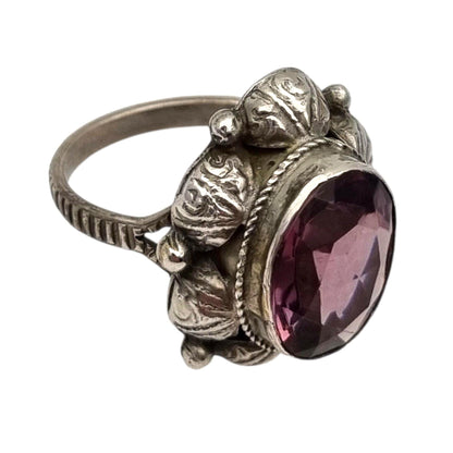 Antique Art Deco silver ring with faceted oval lilac stone, 1940s-50s