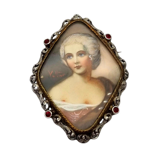 Victorian miniature painted brooch signed Vultur in silver and vermeil, circa 1880