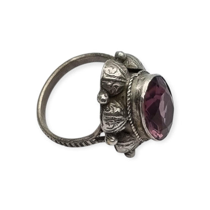 Antique Art Deco silver ring with faceted oval lilac stone, 1940s-50s