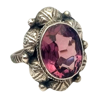 Antique Art Deco silver ring with faceted oval lilac stone, 1940s-50s