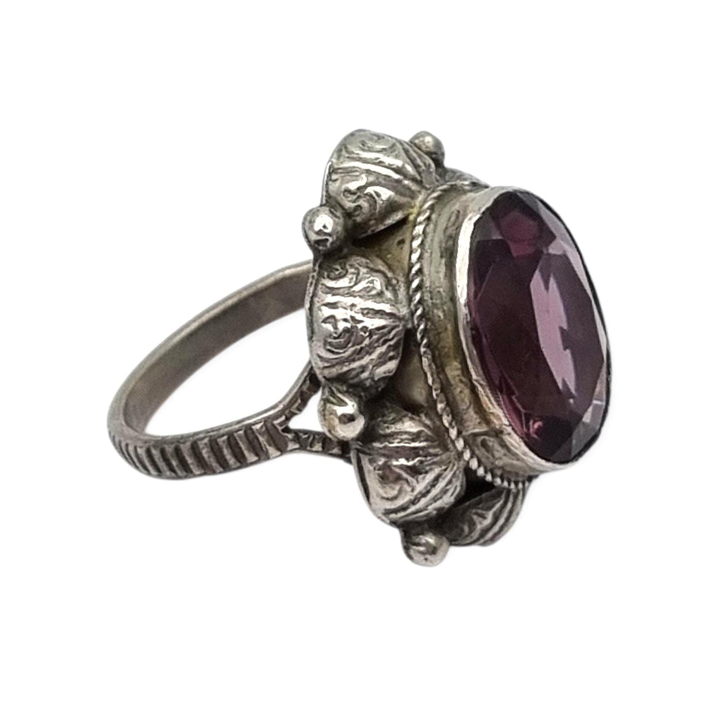 Antique Art Deco silver ring with faceted oval lilac stone, 1940s-50s