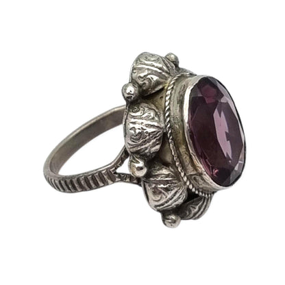 Antique Art Deco silver ring with faceted oval lilac stone, 1940s-50s