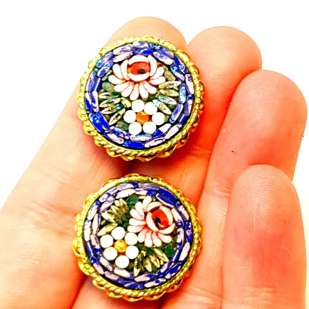 Pendientes micromosaico flor vintage micromosaico. Circa 1970. Joyería antigua