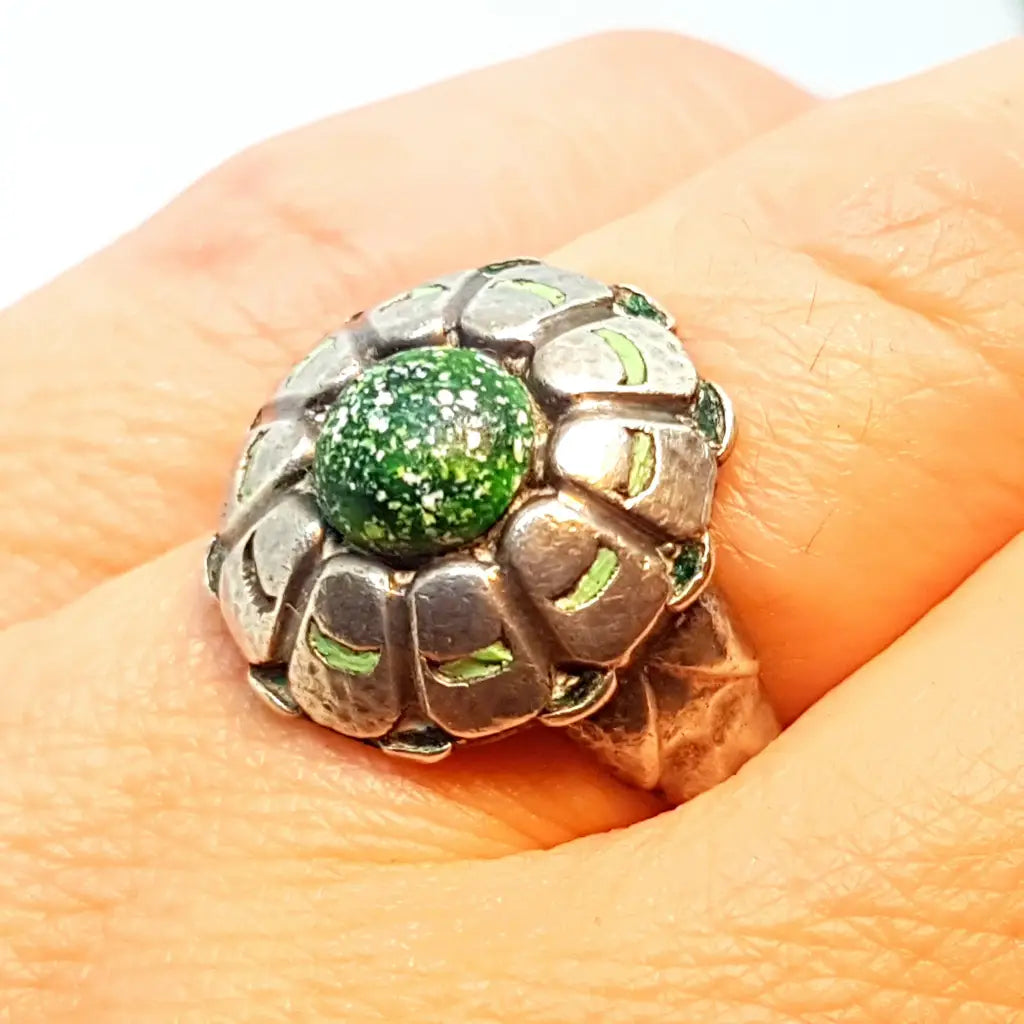 Anillo de plata art deco con esmalte verde joyas flores hechas a mano regalos