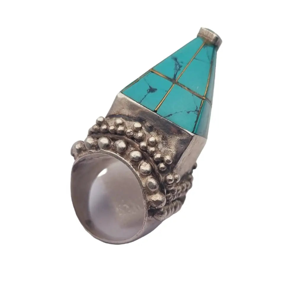 Anillo étnico piramide tuareg de plata y turquesa joya tribal africana bereber.