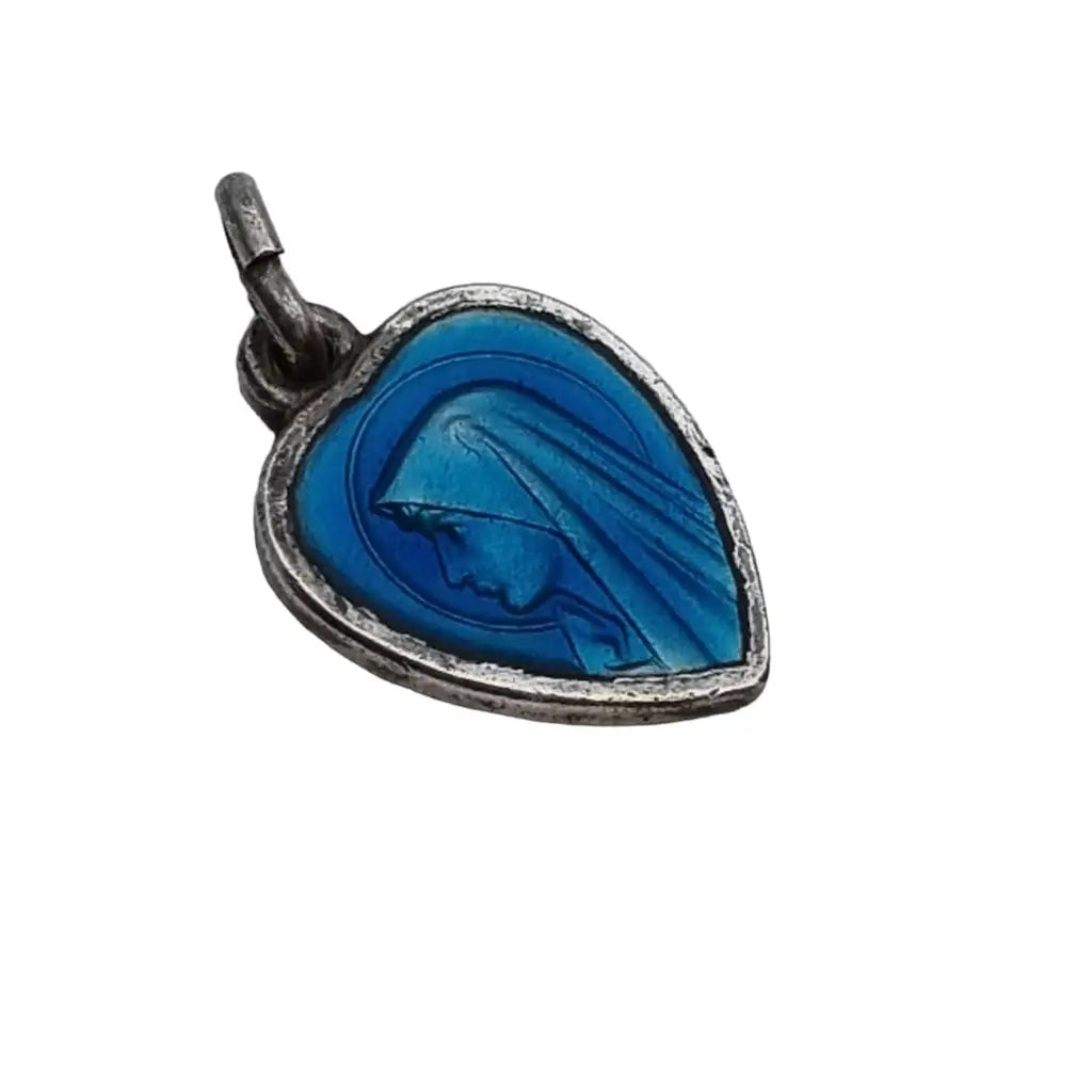 Colgante Corazon Religioso esmalte azul medalla lourdes joyeria antigua regalo