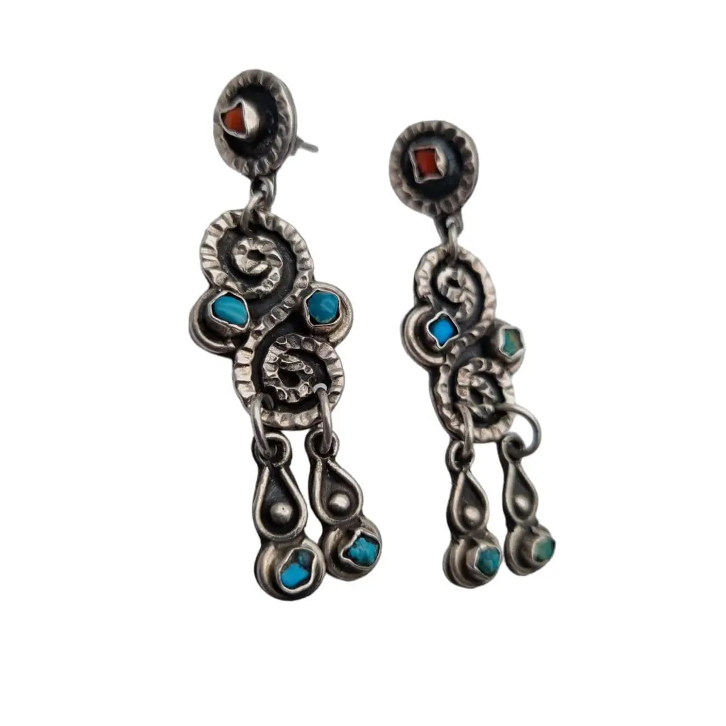 Aretes largos mexicanos para mujer plata de ley 925 coral rojo y azul turquesa