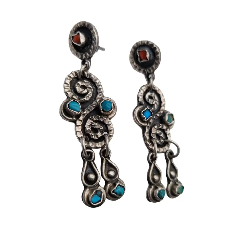 Aretes largos mexicanos para mujer plata de ley 925 coral rojo y azul turquesa