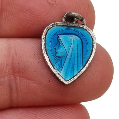 Colgante Corazon Religioso esmalte azul medalla lourdes joyeria antigua regalo