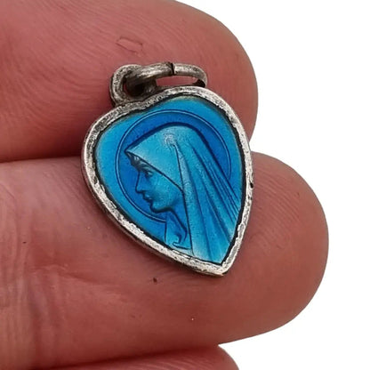 Colgante Corazon Religioso esmalte azul medalla lourdes joyeria antigua regalo