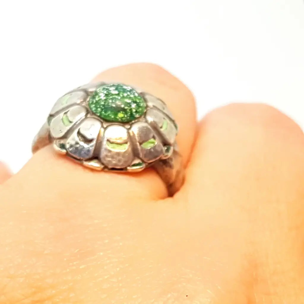 Anillo de plata art deco con esmalte verde joyas flores hechas a mano regalos