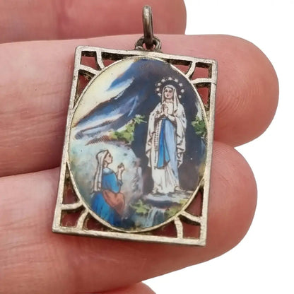 Colgante Virgen Religiosa esmalte azul medalla rectangular regalo