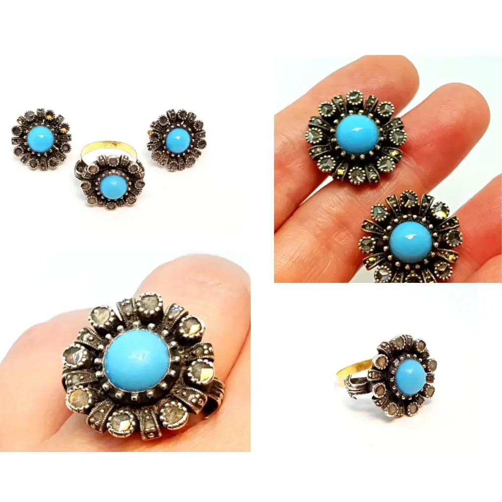 Conjunto de aretes y anillos anillo arete art deco joyas azules juegos