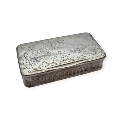 Rara Caja de Rapé Austriaca Plata Escena Caza Ciervos 1862 Biedermeier.