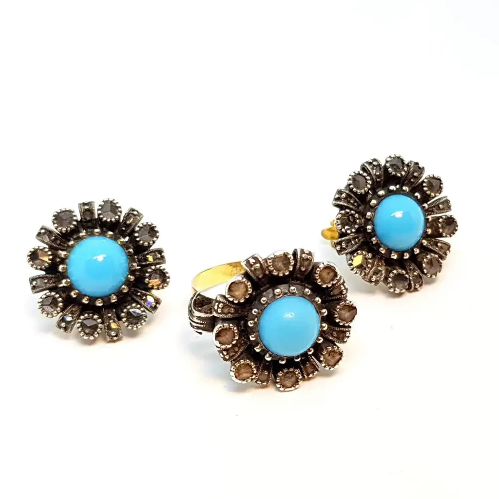 Conjunto de aretes y anillos anillo arete art deco joyas azules juegos