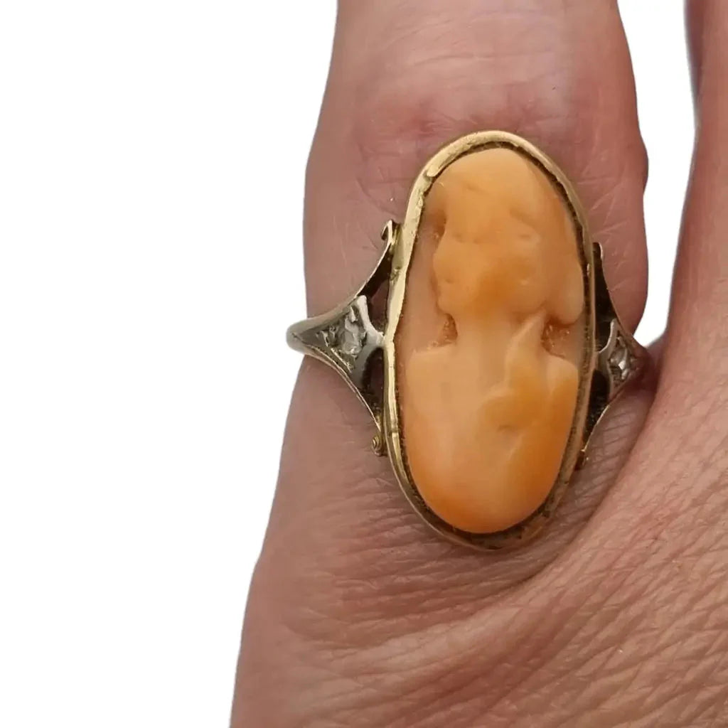 Anillo camafeo de diamantes coral en oro 14k con caja para mujer joyería