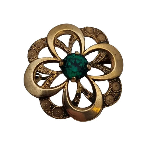 Broche redondo vintage dorado con piedra verde para mujer botón dorado.