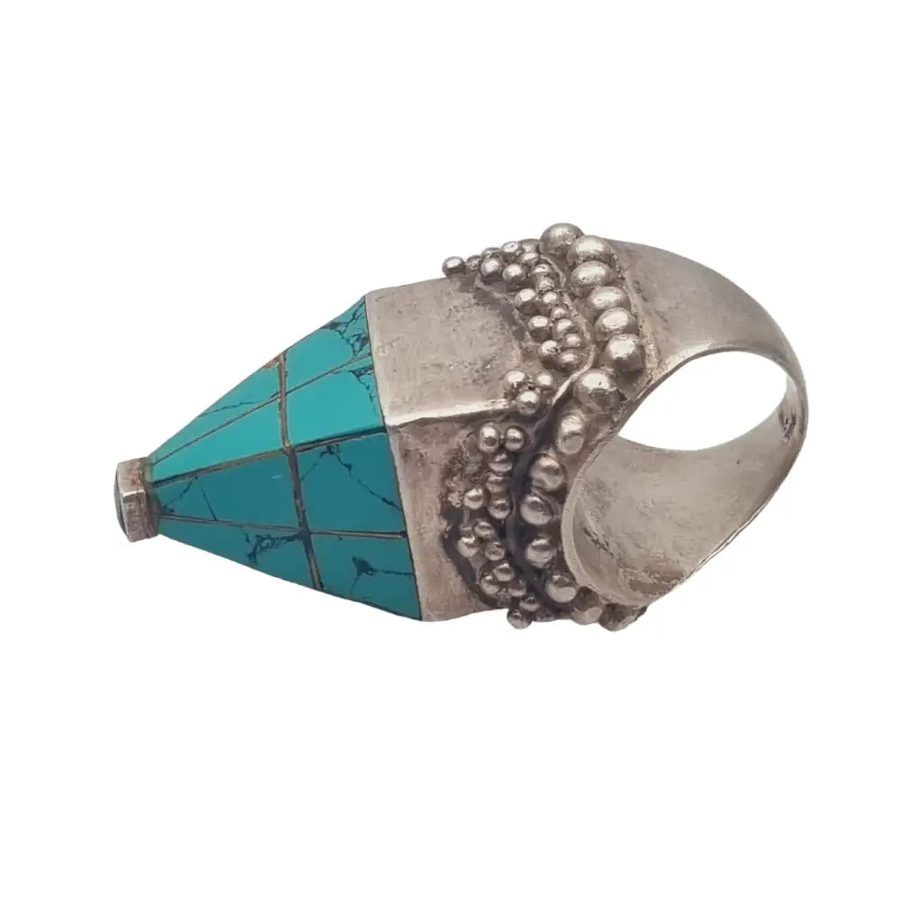 Anillo étnico piramide tuareg de plata y turquesa joya tribal africana bereber.