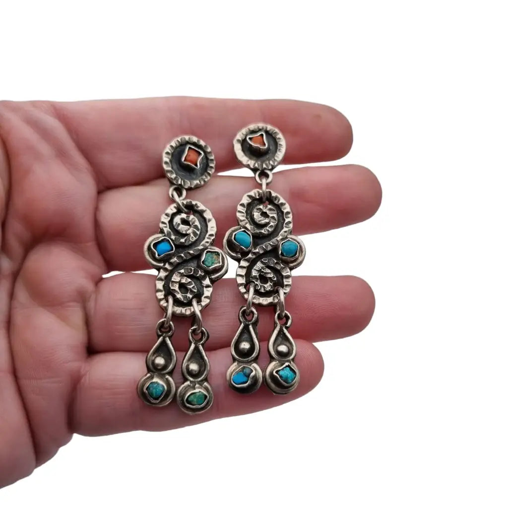 Aretes largos mexicanos para mujer plata de ley 925 coral rojo y azul turquesa