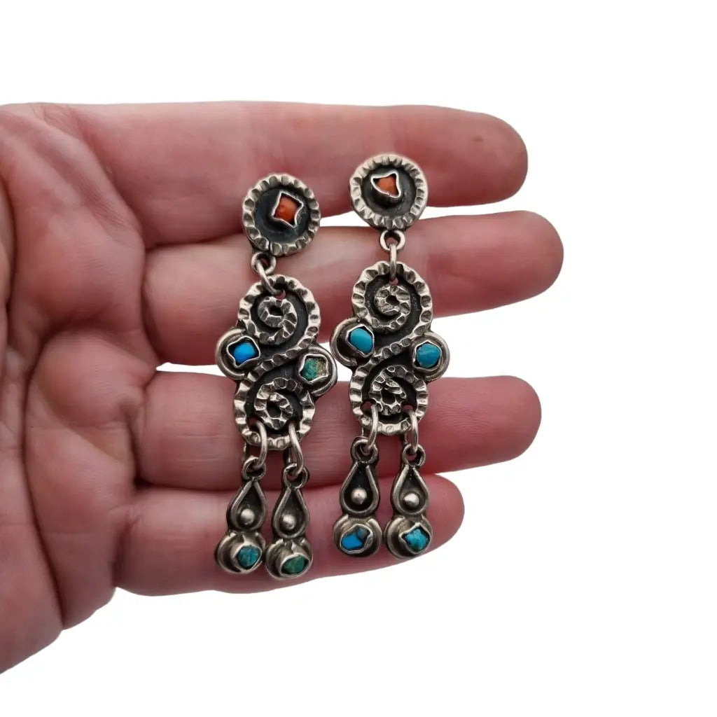 Aretes largos mexicanos para mujer plata de ley 925 coral rojo y azul turquesa