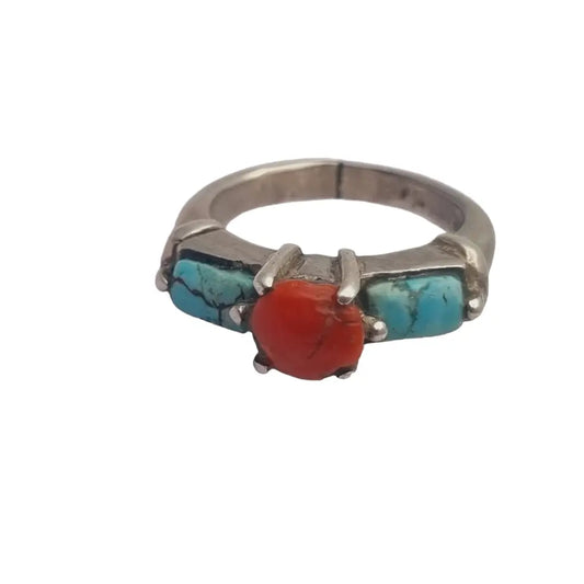 Anillo vintage de plata coral y turquesa joyería boho para mujer hecho a mano.