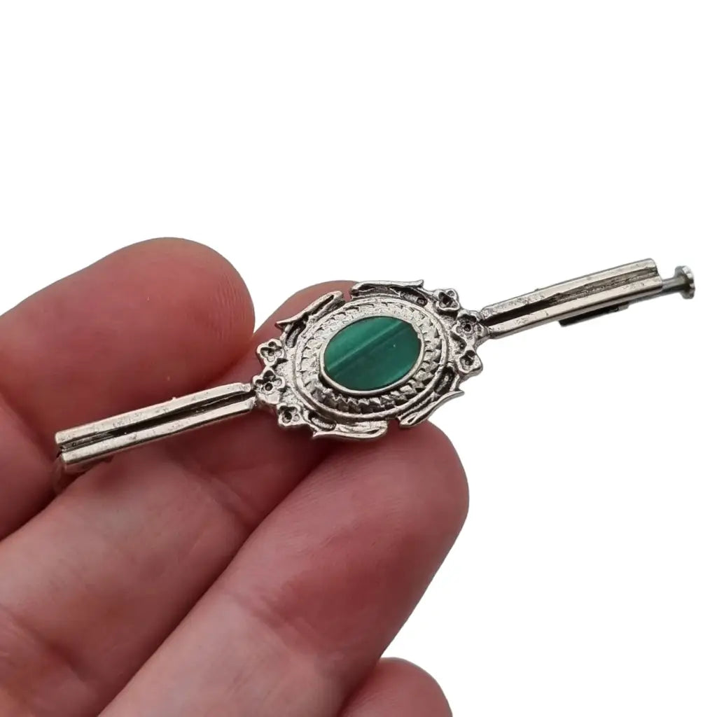 Broche art déco de plata verde malaquita para mujer pin largo solapa regalos