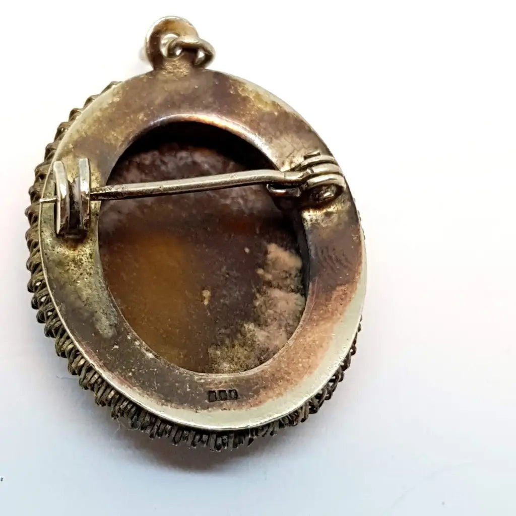 Colgante camafeo concha vintage madre perla tallada broche de plata 800.
