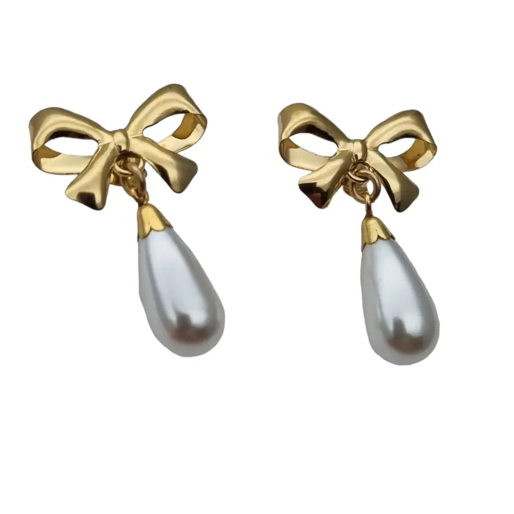 Pendientes lazo de perlas en forma lágrima laminado oro regalos vintage.