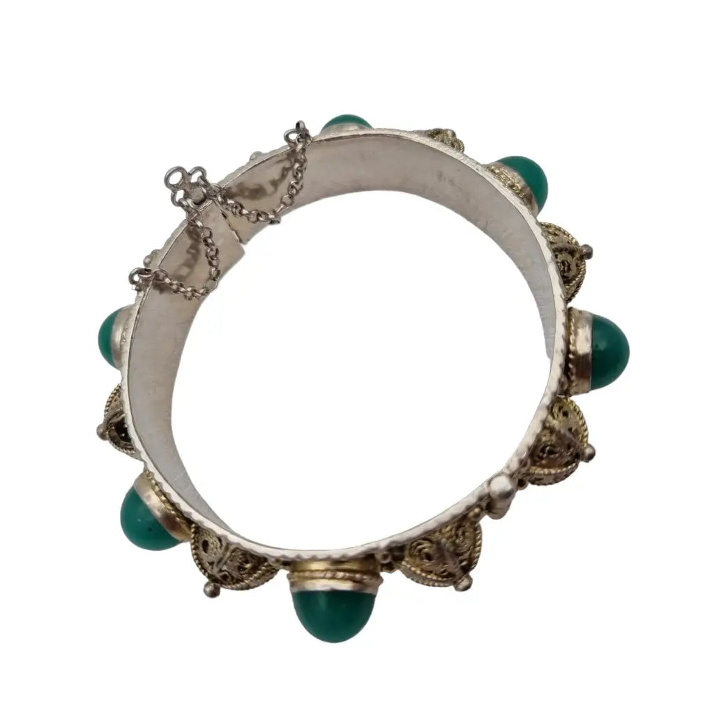 Pulsera de filigrana plata y piedras jade verde para mujer pulsera rígida